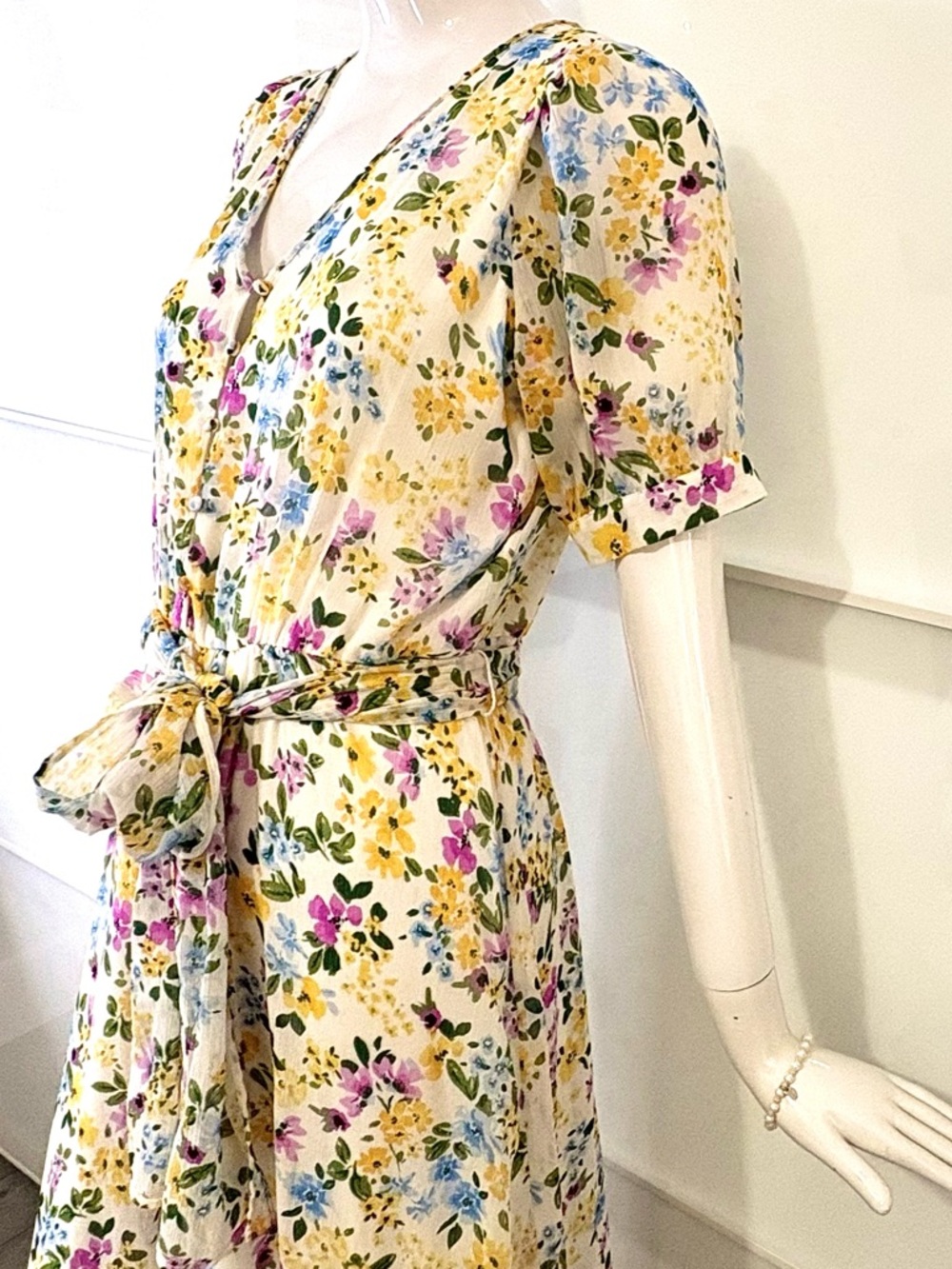 🎀 CALVIN KLEIN Romantic Floral Spring Midi Dress Puff Sleeve Ruffle Hem Sz 6 - Picture 2 of 9